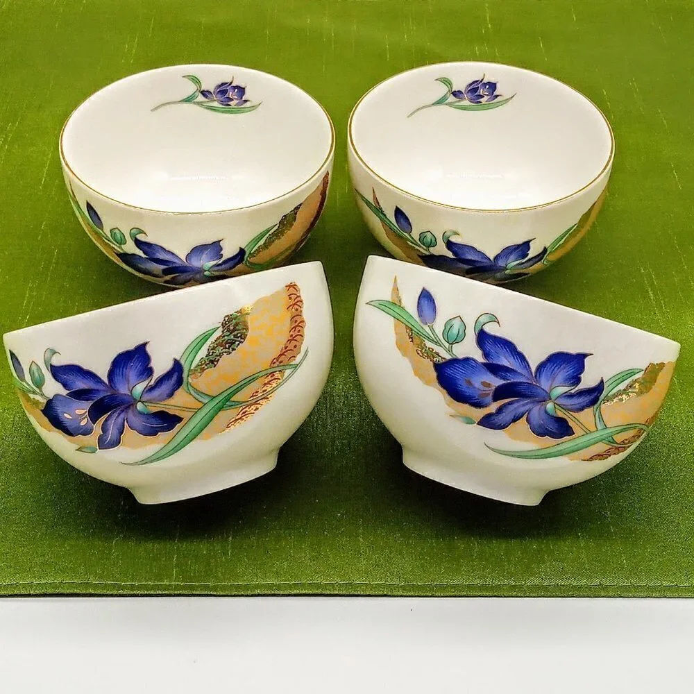 Set of 4 Japanese White Porcelain Hand-Painted Purple Orchid Gold Rim Cups